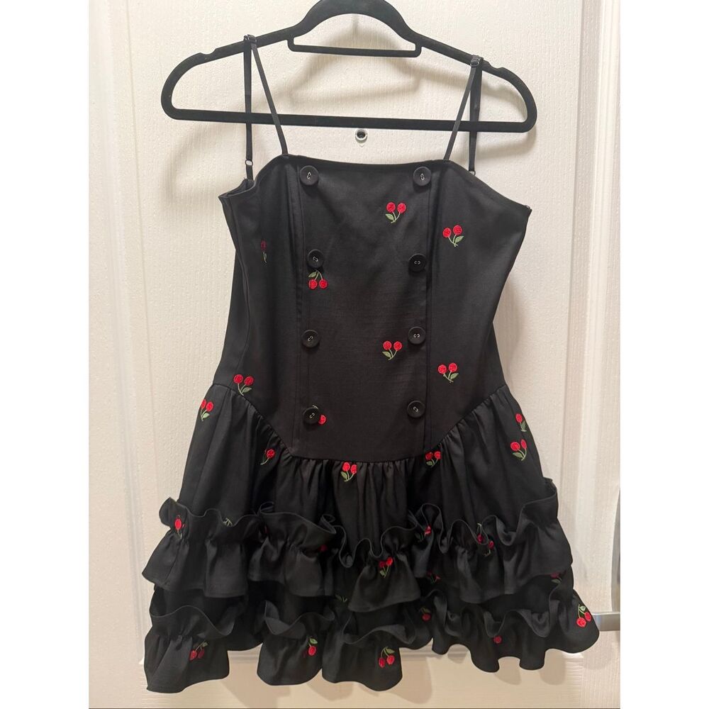 Vintage cherry embroidered ruffle mini dress size S red cottagecore preloved gem - Picture 4 of 7